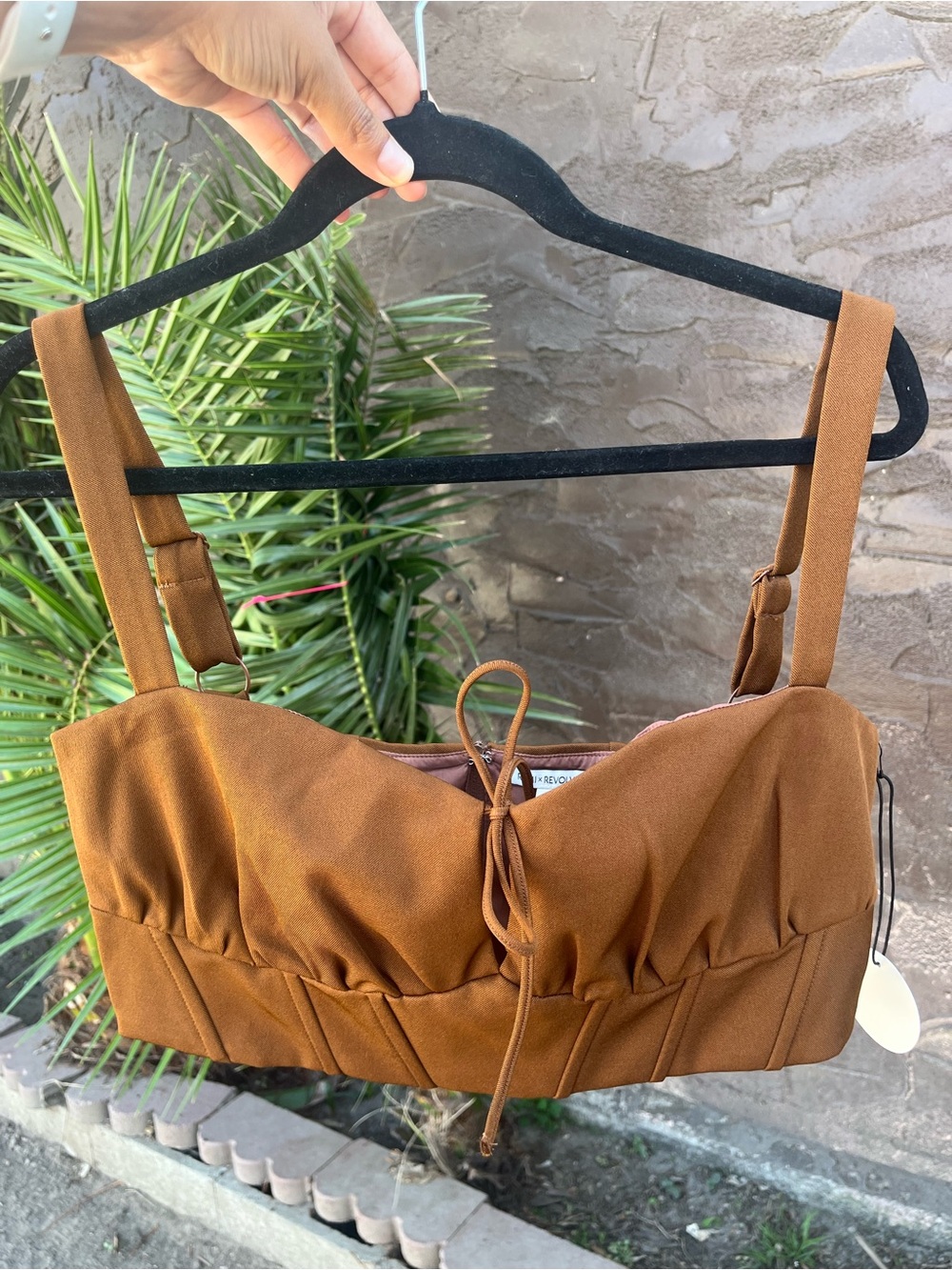 NWT REMI x REVOLVE Jodie Top in Brown - Corset Tie Front Crop Top